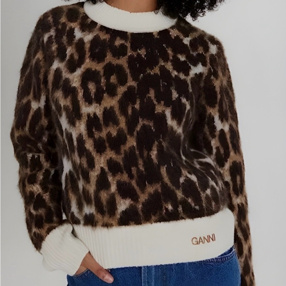 Ganni Women's Brown Alpaca/Wool Leopard Print Long Sleeve Sweater Size L